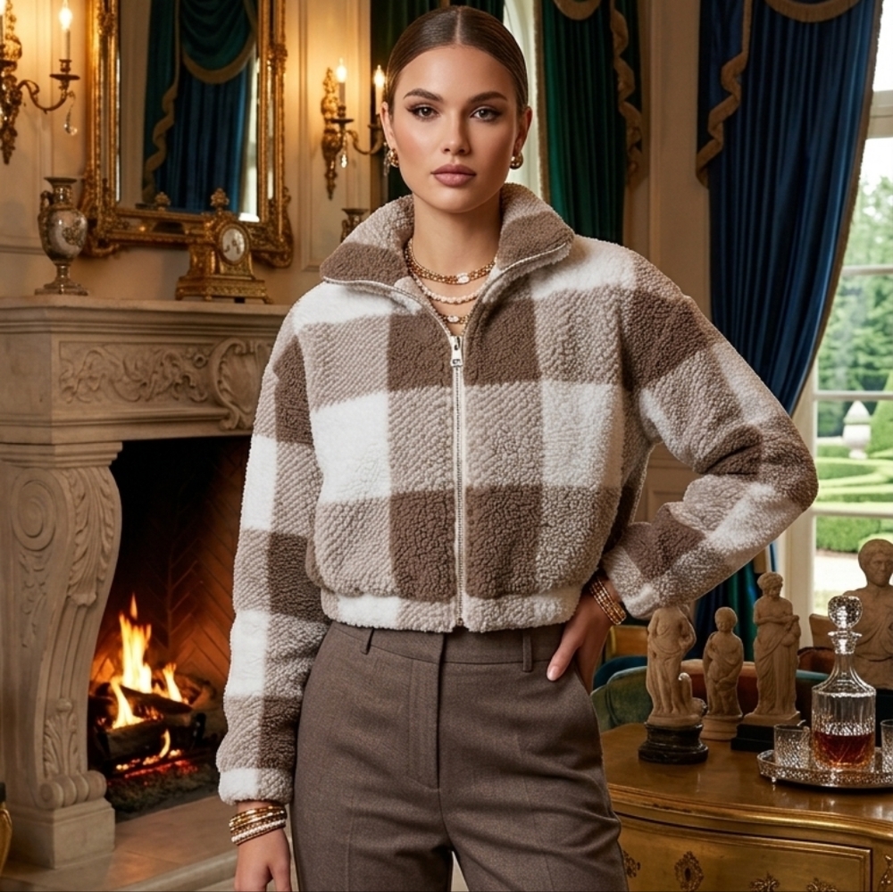🎀Cozy Brown and White Checkered Women's Jacket